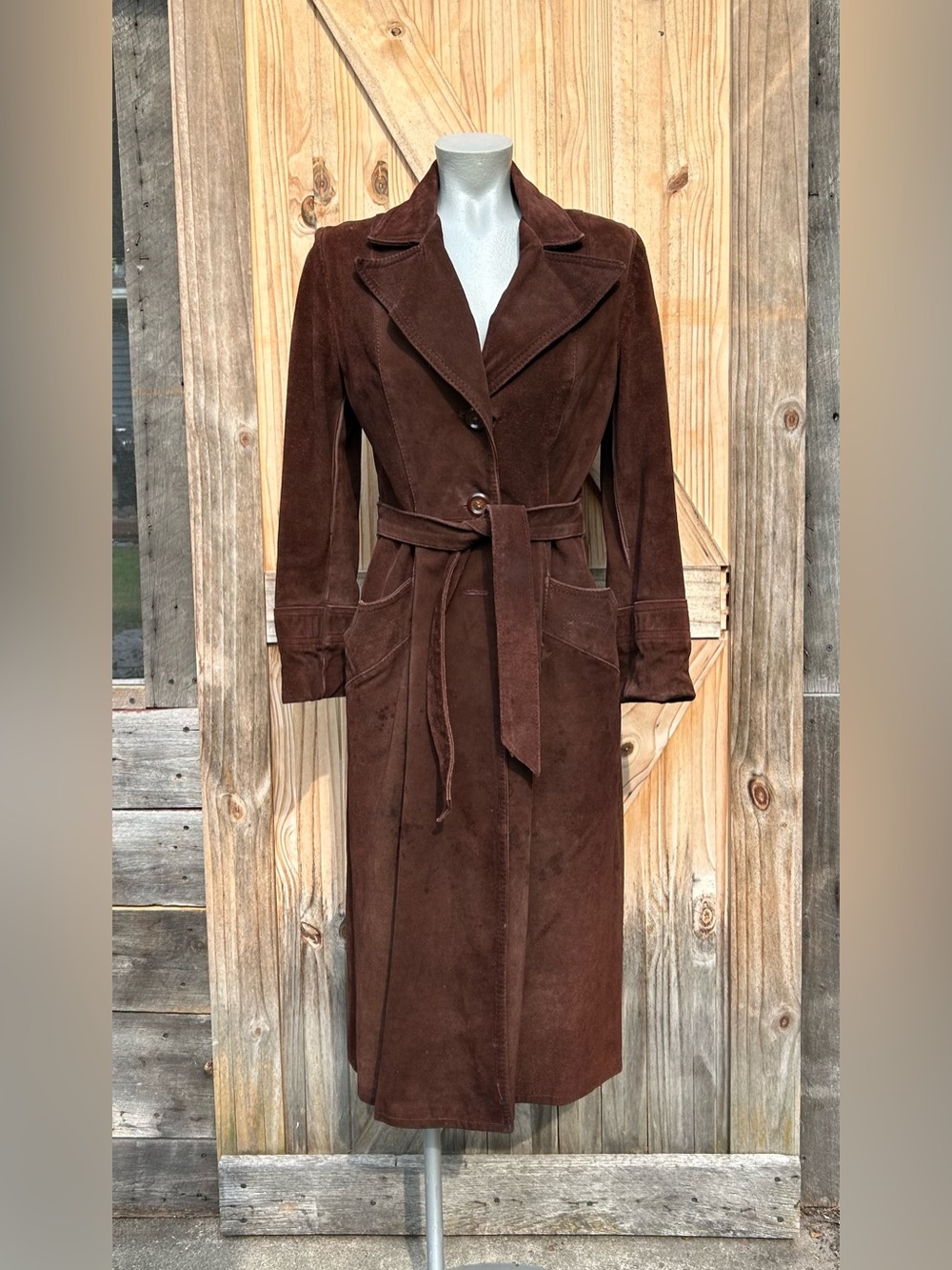 Vintage Retro 70s Long Brown Suede Boho Belted Trench Coat~S~